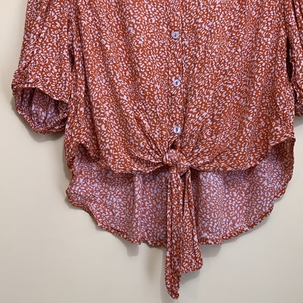 Free People Rust Celia Ditsy Viscose Floral Tie Front Shortsleeve Button Top S - Picture 4 of 17
